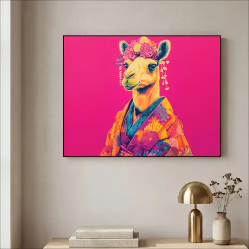 Kameel - Bloemen - Kimono - Waaiers Textielframe zwart klein -sfeer2