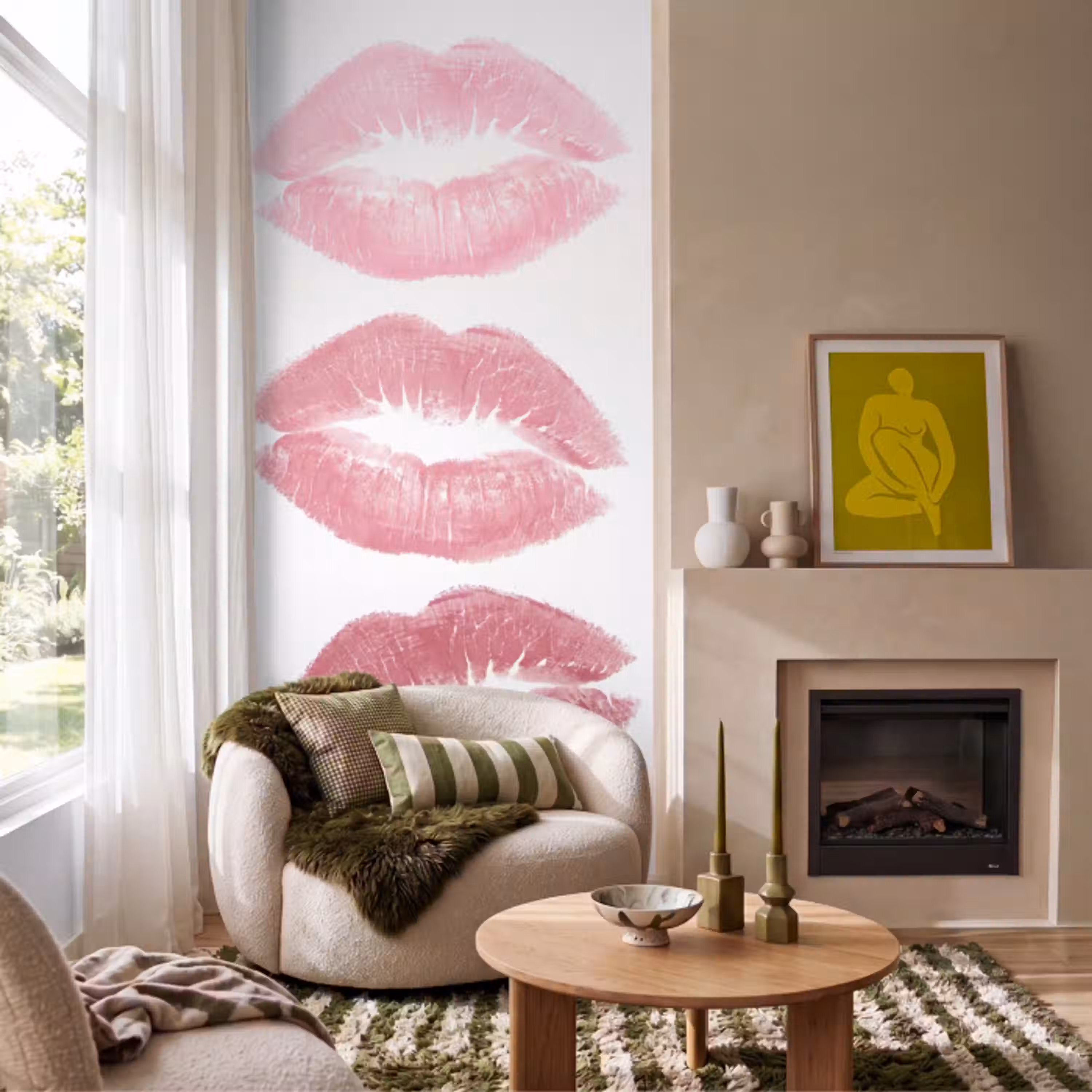 Lippen - Kusafdruk - Roze - Modern - Abstract Behang Vlies klein -sfeer2