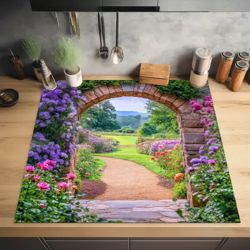 Doorkijk - Poort - Bloemen - Tuin Inductie beschermer vinyl 3mm middel -sfeer5