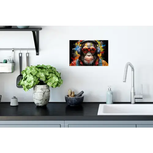 Chimpansee - Aap - dieren - Graffiti - Bril - Koptelefoon - Kleuren Muursticker klein -keuken