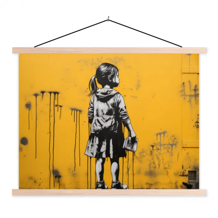 Meisje - Boek - Gele Muur - Graffiti textielposter latten blank klein -3d