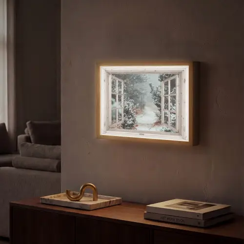 Bos - Winter - Bomen - Natuur - Pad - Doorkijk - Wit Light Box met batterij (Wandlamp) middel -sfeer1