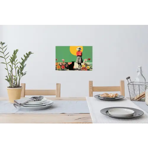 Retro - Meisje - Kat - Zon Muursticker klein -eettafel