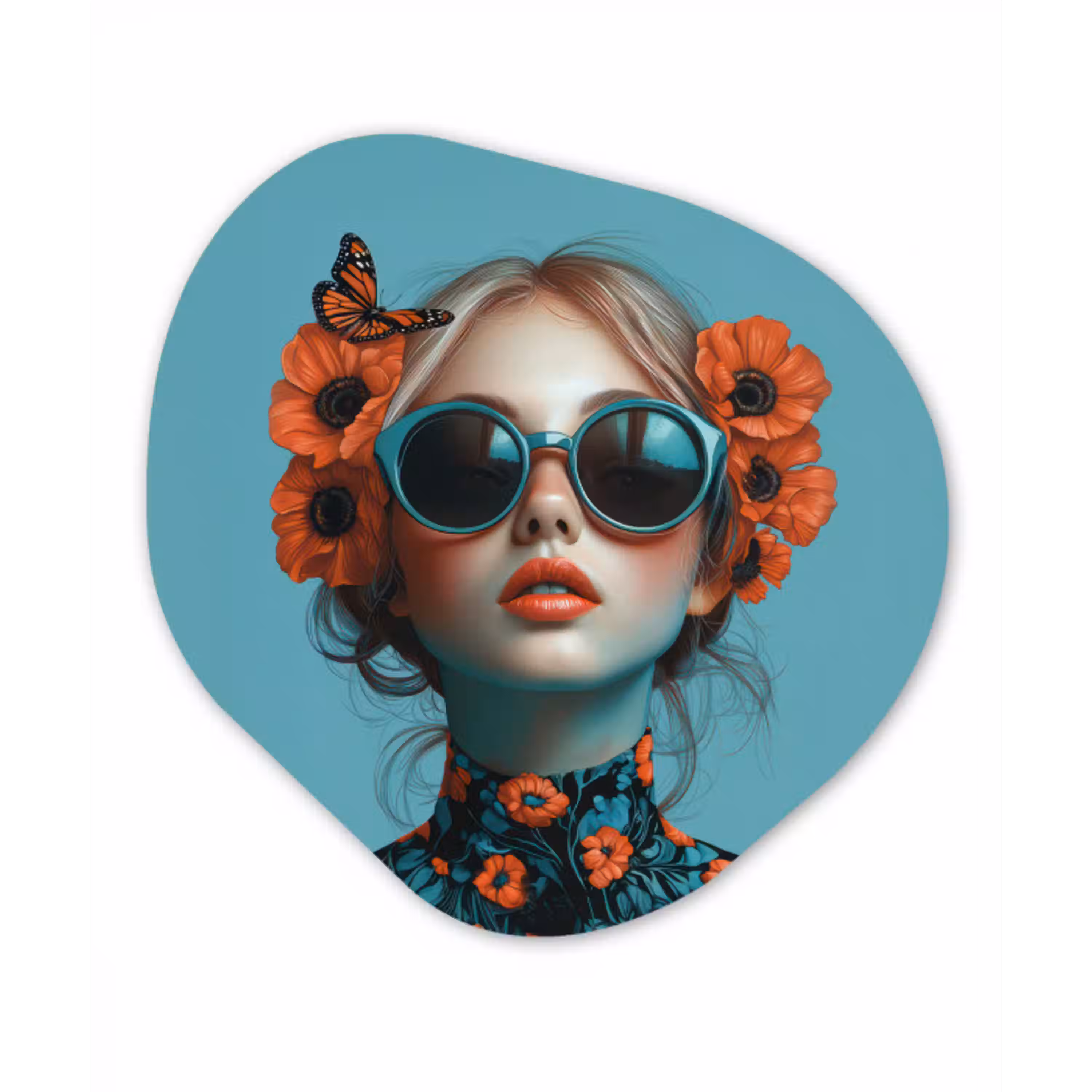 Vrouw - Blauw - Vlinder - Bloemen - Aesthetic Wandcirkel Organisch Plexiglas middel -3d