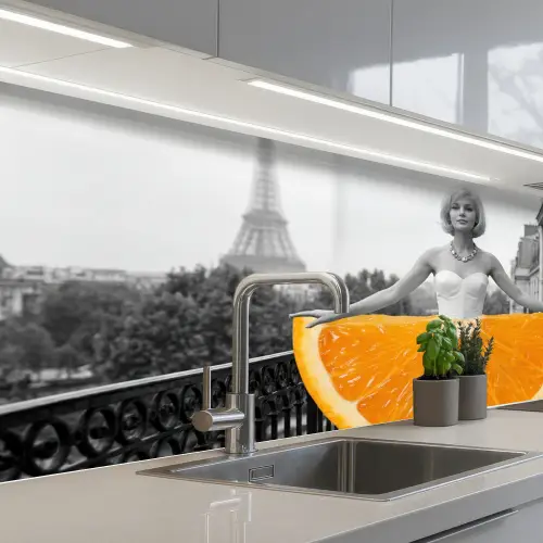 Sinaasappel - Eiffeltoren - Vrouw keuken achterwand 2 middel -3d_schuin