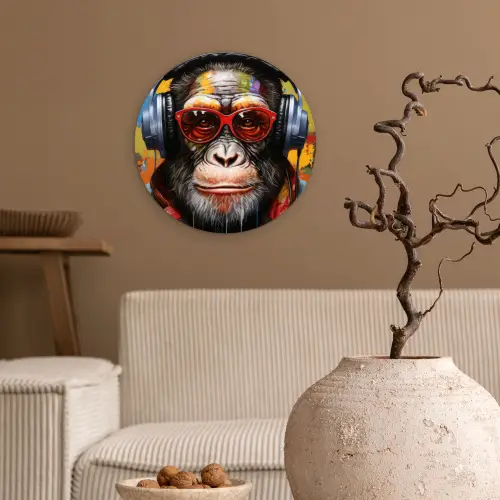 Chimpansee - Aap - dieren - Graffiti - Bril - Koptelefoon - Kleuren Wandcirkel kunststof plaat 5mm dik klein -sfeer1