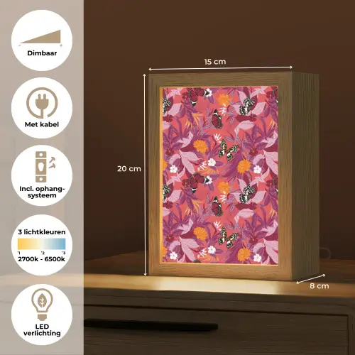 Zomer - Vlinder - Donker - Roze Light Box met kabel (Tafellamp) klein 925 -USP_NL