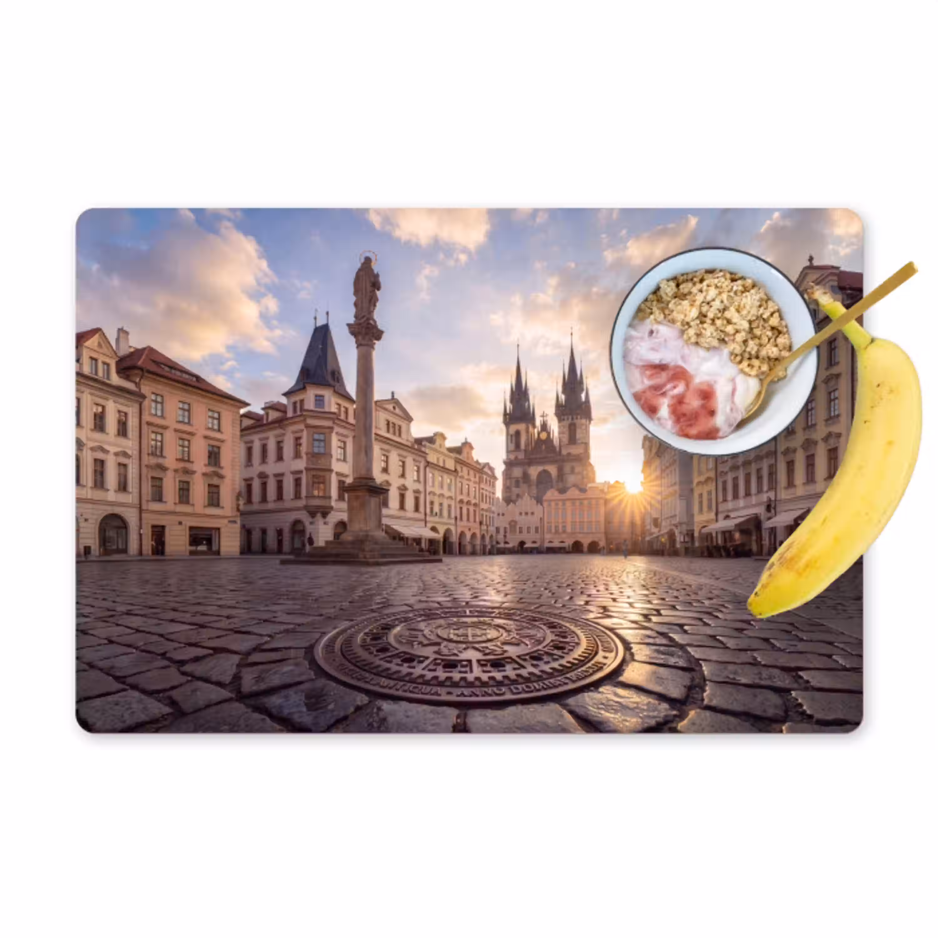 Stad - Praag - Ochtend - Architectuur - Goud Placemat vinyl groot -zzzproduct_Kitchenyeah-website
