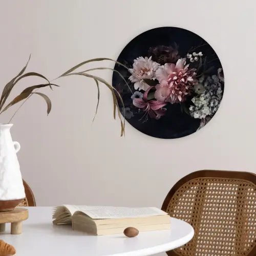 Bloemen - Vintage - Pastel - Zwart - Boeket Wandcirkel kunststof plaat 5mm dik klein -sfeer4
