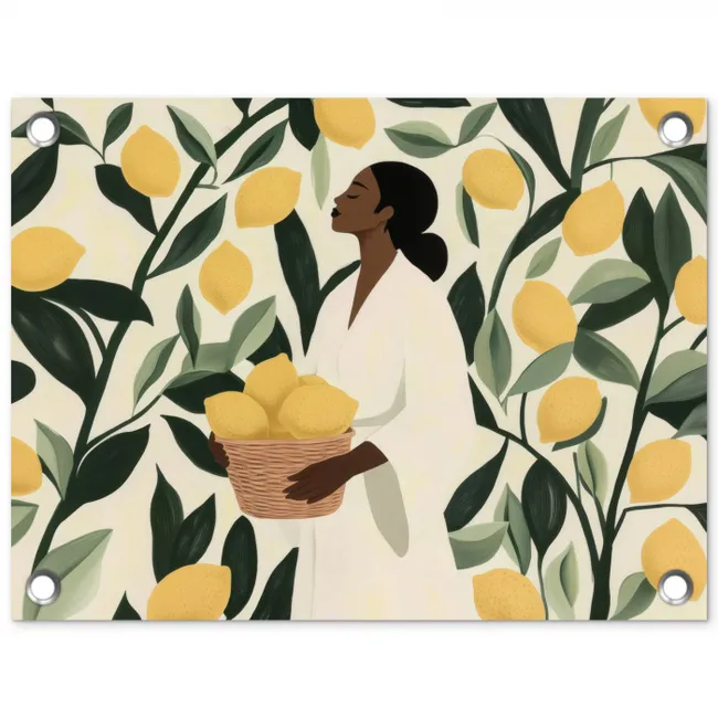 Vrouw - Mand - Citroenen - Bladeren tuinposter los doek klein -3d