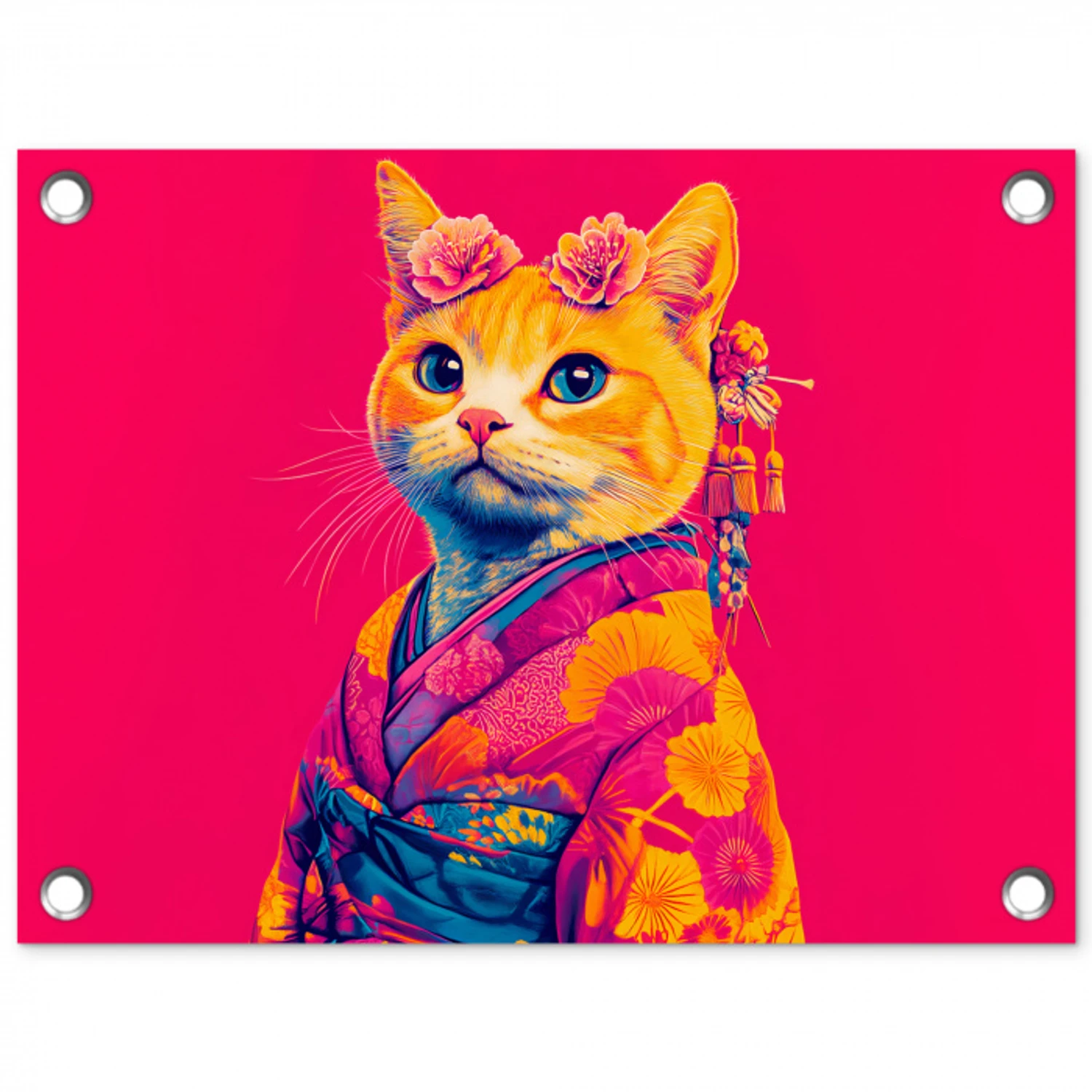 Kat - Kimono - Bloemen - Roze tuinposter los doek klein -3d