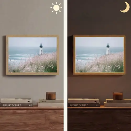 Vuurtoren - Klif - Zee - Bloemen Light Box met batterij (Wandlamp) middel -sfeer3
