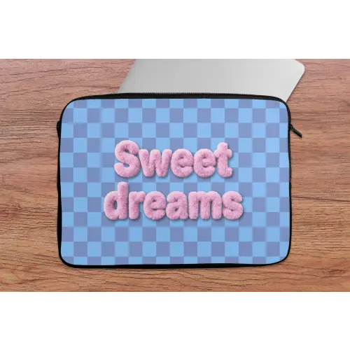 Sweet dreams - Vierkanten - Roze - Blauw laptophoes neopreen klein -tafel