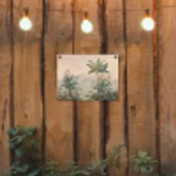 Tropisch landschap - palmbomen - Bloemen - Roze lucht tuinposter los doek klein -sfeer1