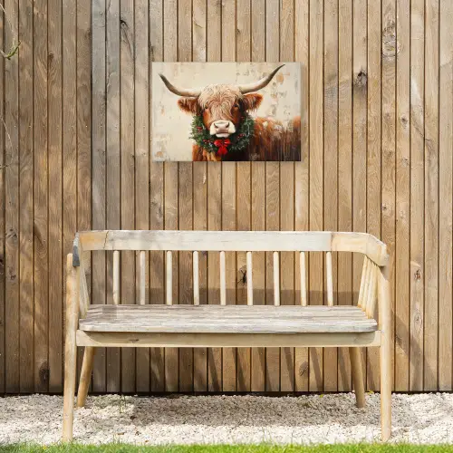Kerst - Schotse Hooglander - Bruin - Krans Tuinposter op houten frame 2 cm dik klein -sfeer4