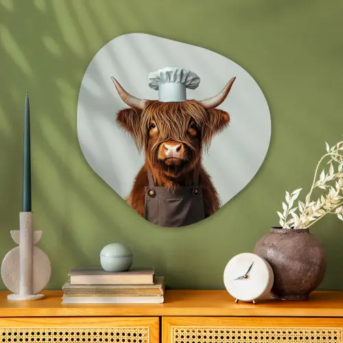 Schotse Hooglander - Bruin - Hoorns - Kokskleding Wandcirkel Organisch Aluminium middel -sfeer2