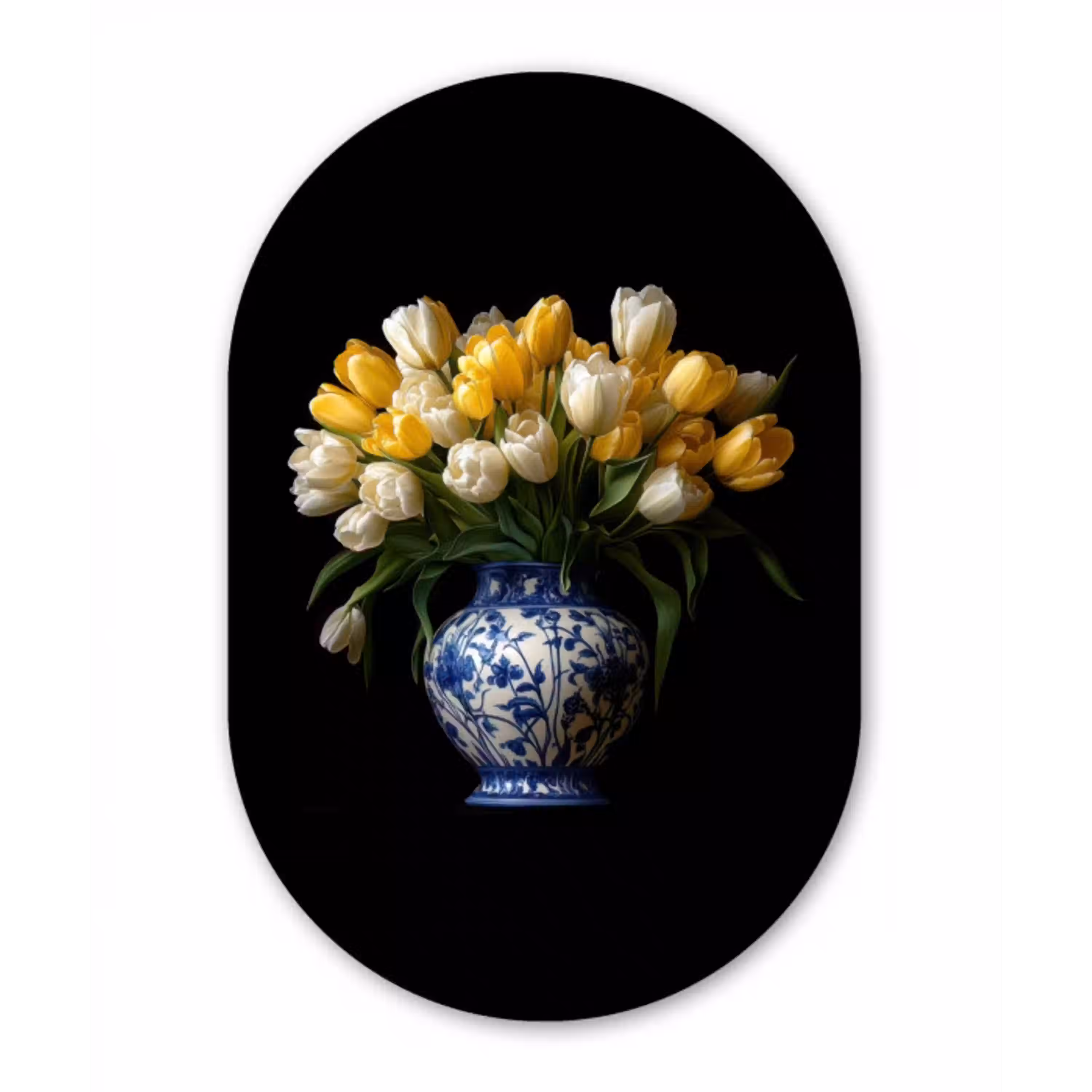 Geel - Tulpen - Vaas - Bloemen Wandcirkel Ovaal Glas middel -3d