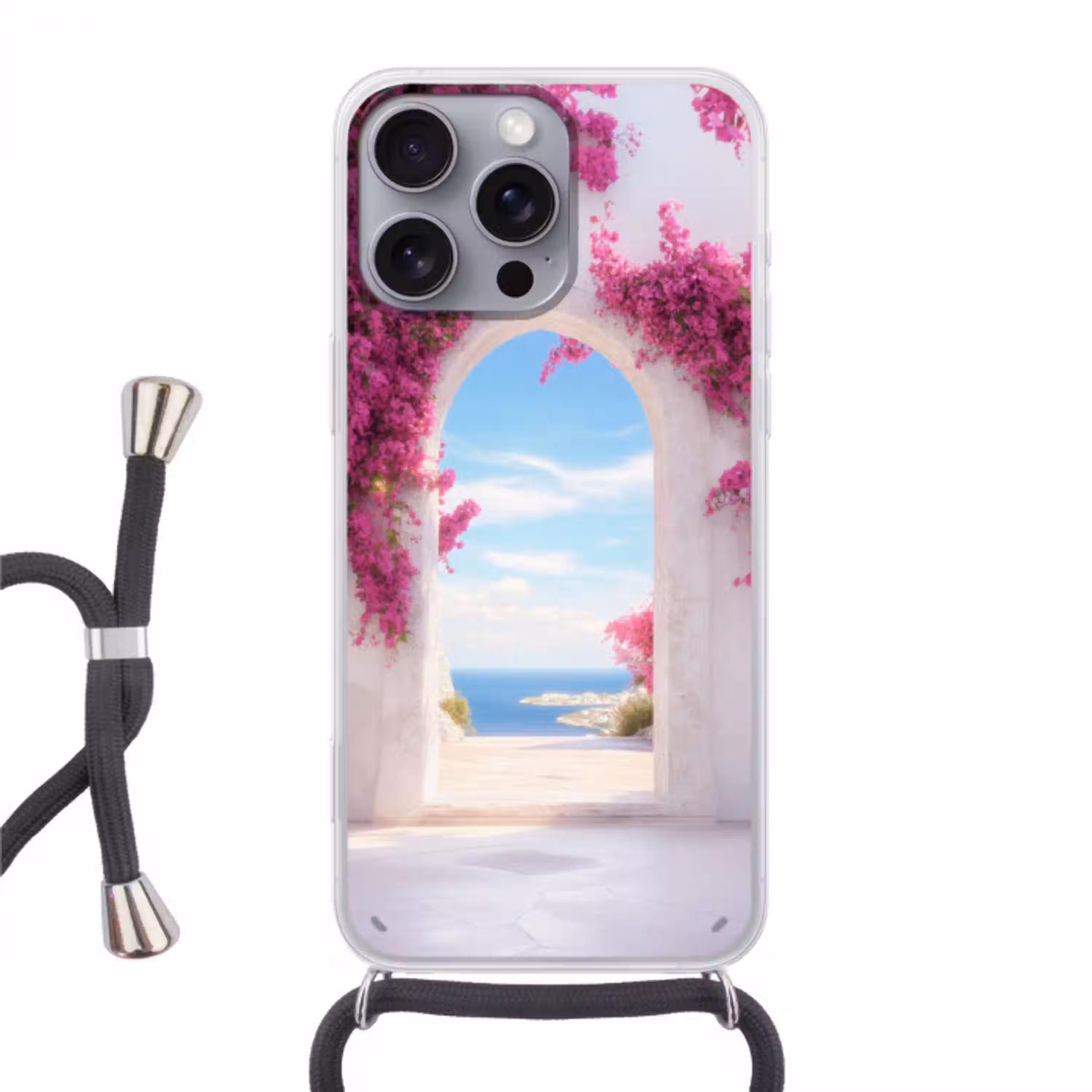 Zee - Roze - Bloemen - Poort Hoesje iPhone 16 Pro Max met koord klein -3d