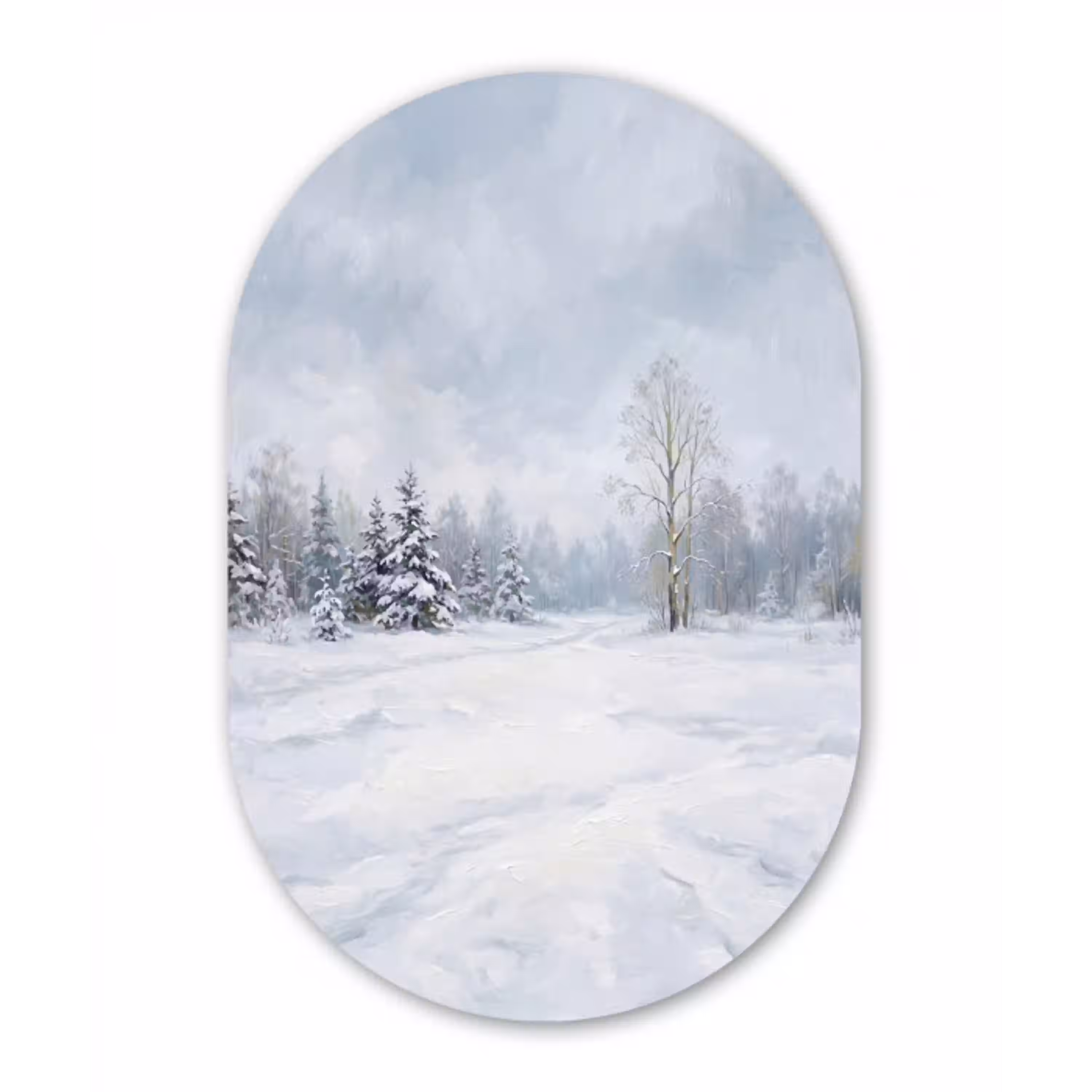 Bospad - Dennen - Sneeuw - Winter - Rustgevend Wandcirkel Ovaal Aluminium middel -3d