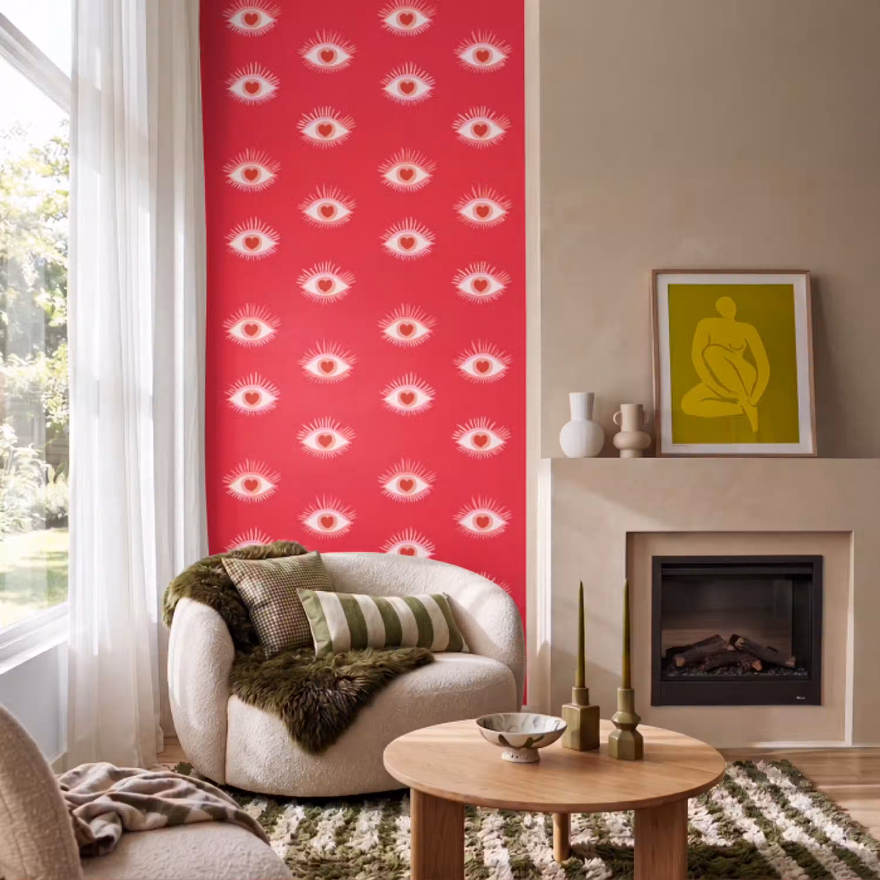 Ogen - Hart - Abstract - Rood - Roze Behang Vlies klein 1076 -sfeer2