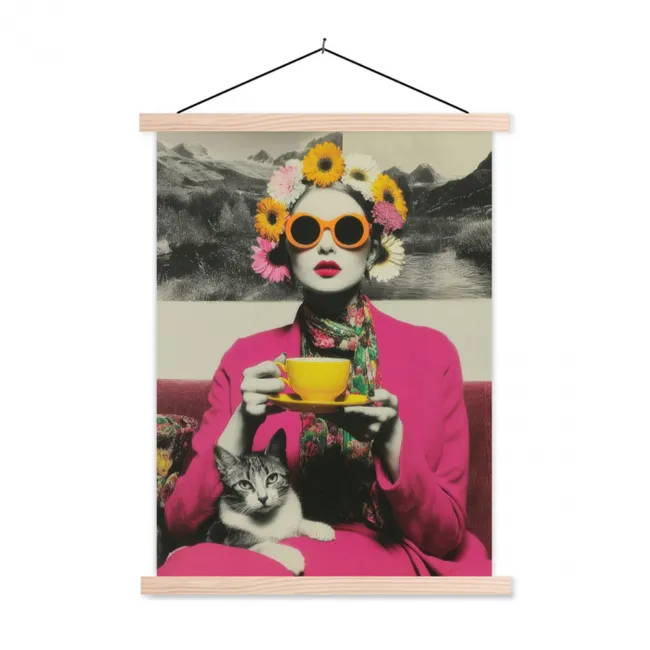Schoolplaat - Vrouw - Kat - Bloemen - Kopje - Retro