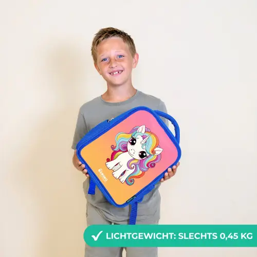 Kleine eenhoorn met regenboog kleuren Kinderrugzak - Blauw middel -sfeer1_NL