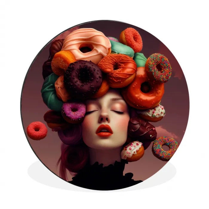 Vrouw - Donuts - Kleurrijk Wandcirkel aluminium klein -3d