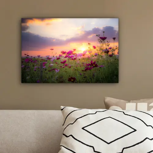 Bloemen - Roze - Zonsondergang - Natuur - Weide - Horizon canvas 2cm klein -sfeer3