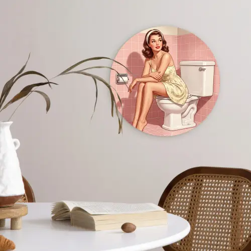 Roze - Retro - Vrouw Wandcirkel kunststof plaat 5mm dik klein -sfeer4