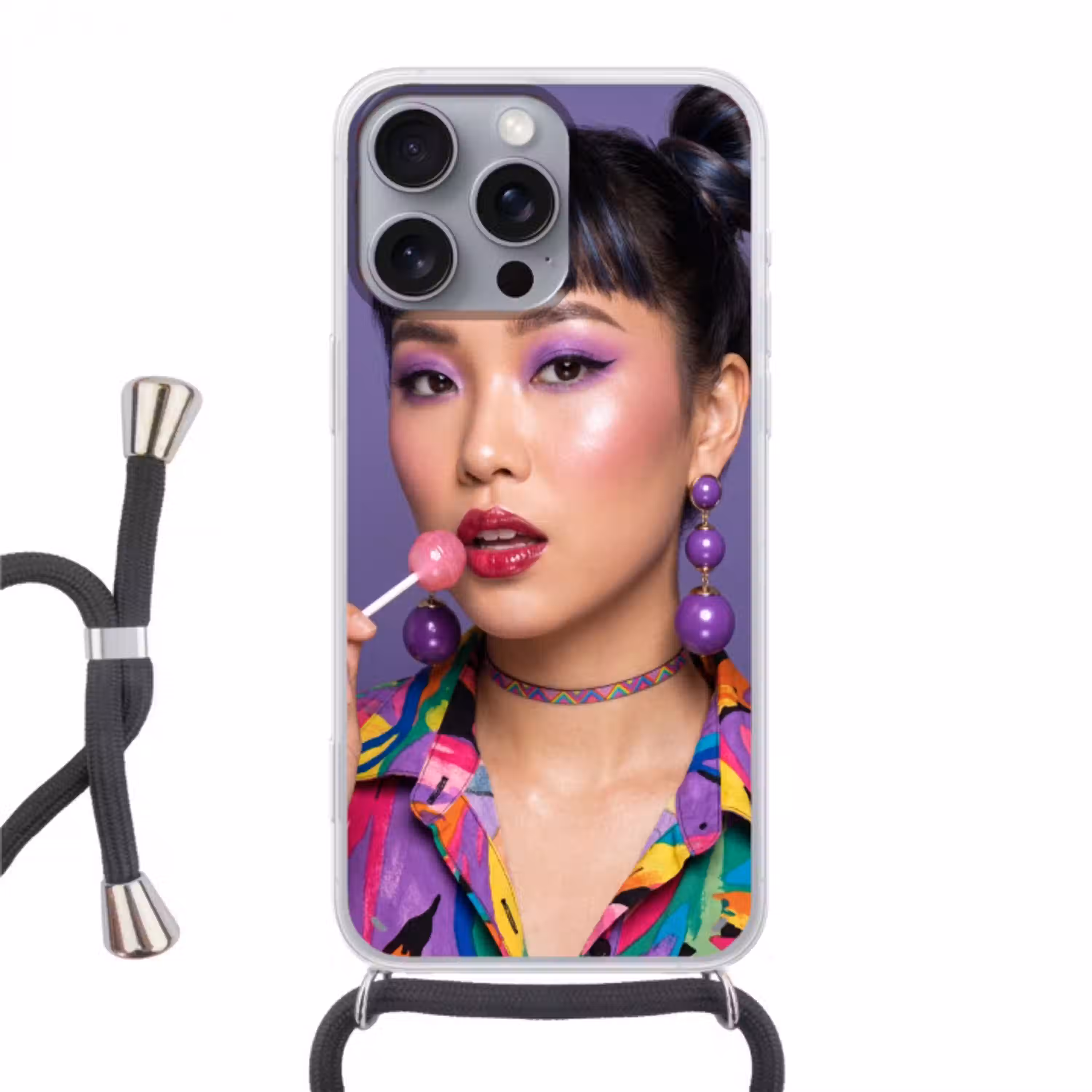 Vrouw - Portret - Make-up - Paars - Levendig Hoesje iPhone 16 Pro Max met koord klein -3d