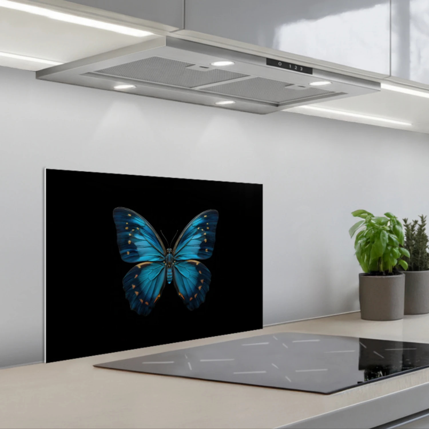 Vlinder - Blauw - Contrast keuken achterwand spatscherm klein -3d_schuin