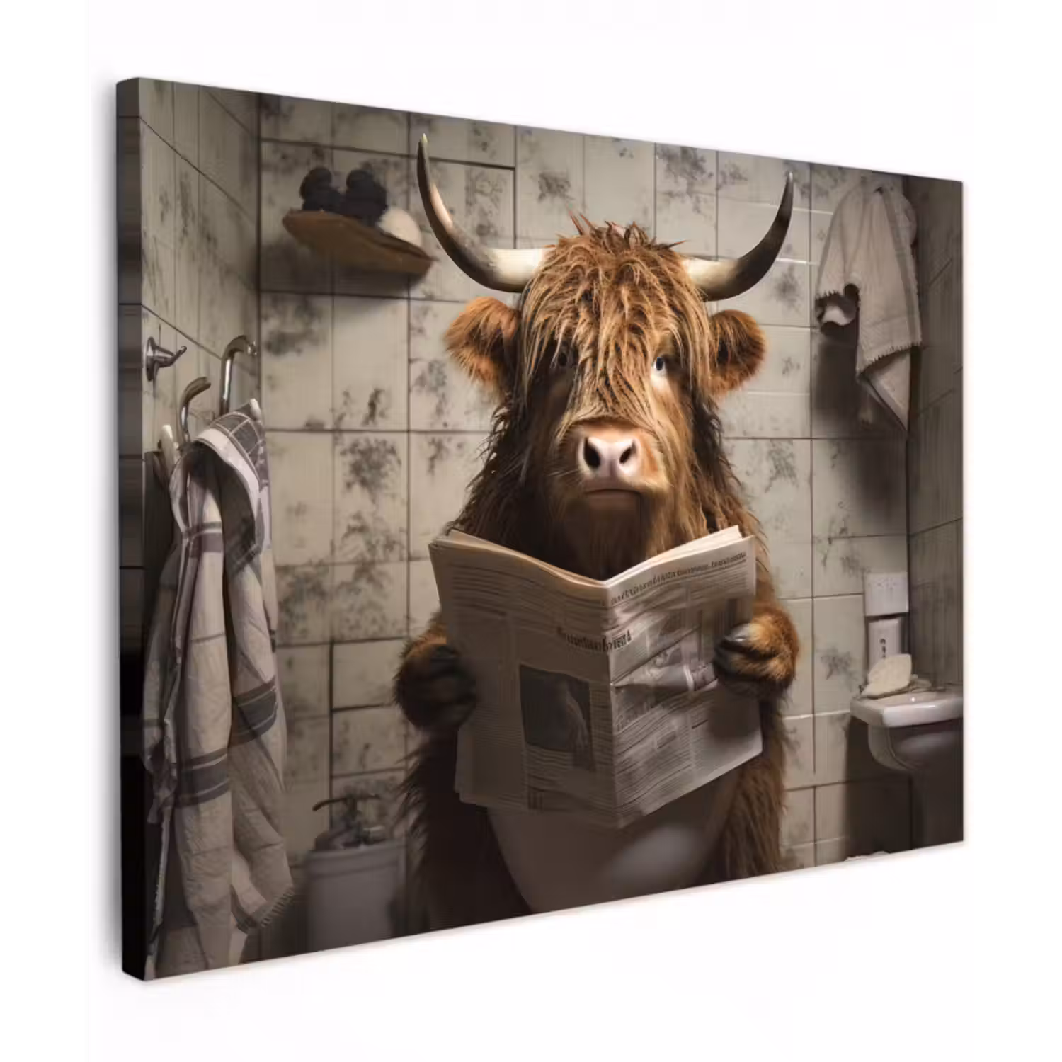 Leinwandbild - Scotch highlander - Toilette - Zeitung - Badezimmer