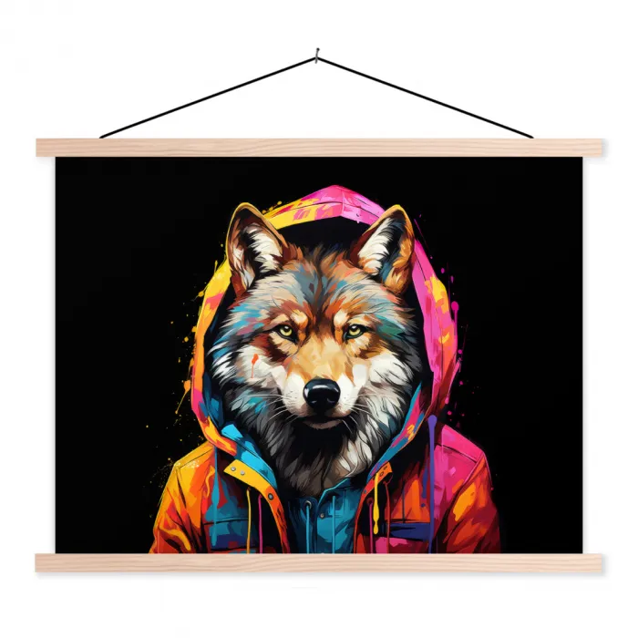 Graffiti - Wolf - Jas - Zwart textielposter latten blank klein -3d