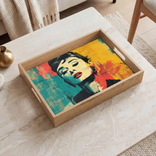 Vrouw - Rode lippen - Expressief - Grafisch Dienblad Rechthoek middel -sfeer1
