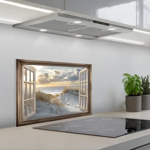 Doorkijk - Strand - Duinen - Zee - Natuur keuken achterwand spatscherm klein -3d_schuin