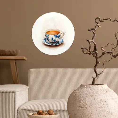 Theekop - Bladeren - Blauw Wandcirkel behangsticker klein -sfeer1