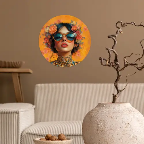 Vrouw - Bloemen - Aesthetic - Oranje Wandcirkel behangsticker klein -sfeer1