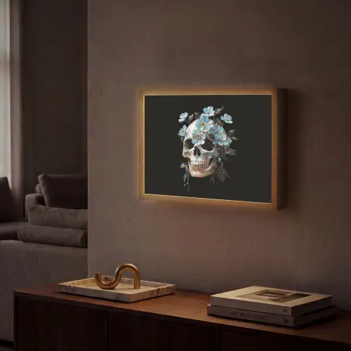 Schedel - Blauw - Bloemen - Bladeren Light Box met batterij (Wandlamp) middel -sfeer1