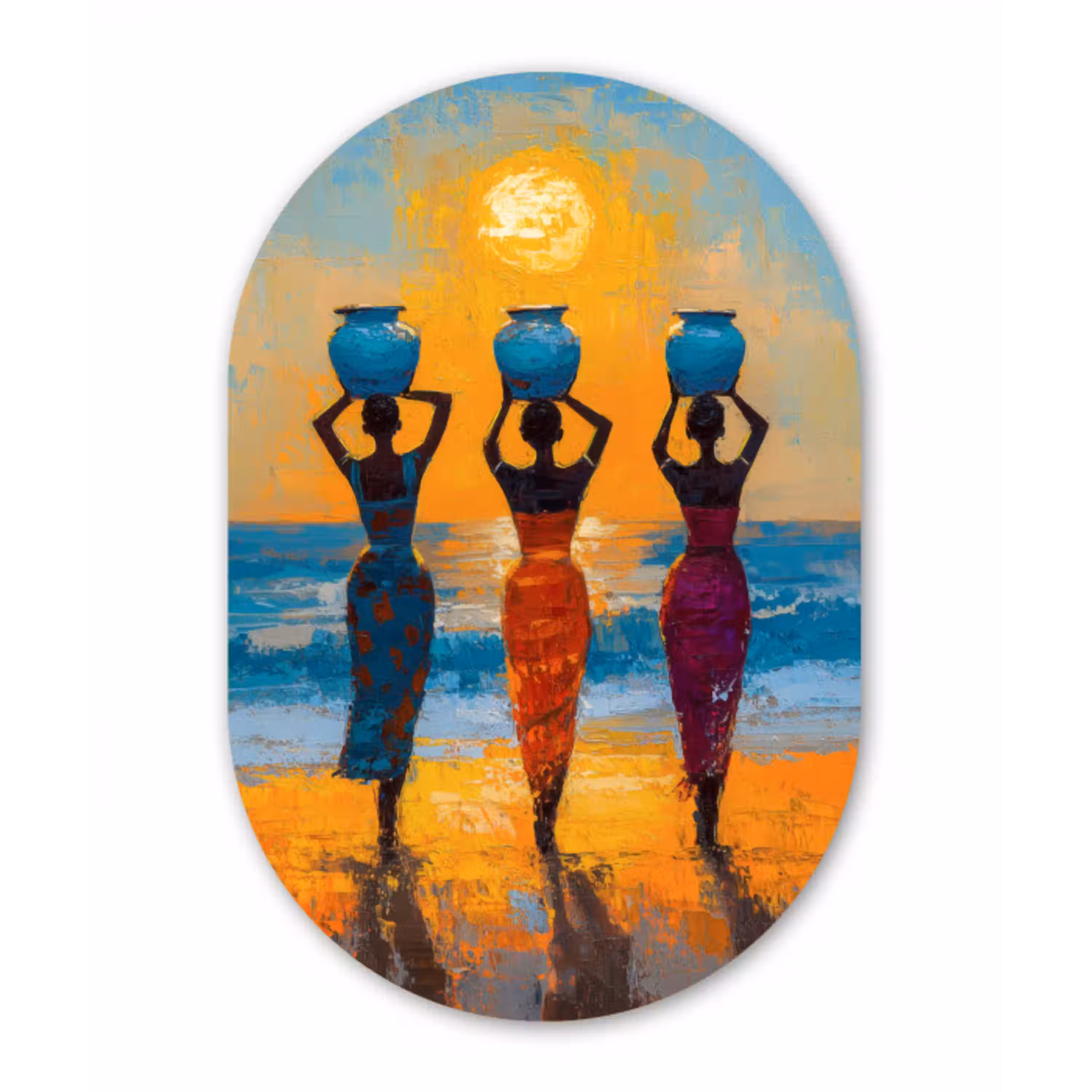 Vrouwen - Strand - Zondsondergang Wandcirkel Ovaal Glas middel -3d