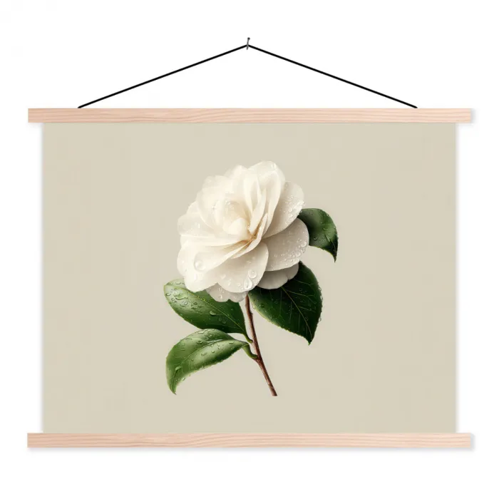 Cameliabloem - Wit - Groen textielposter latten blank klein -3d