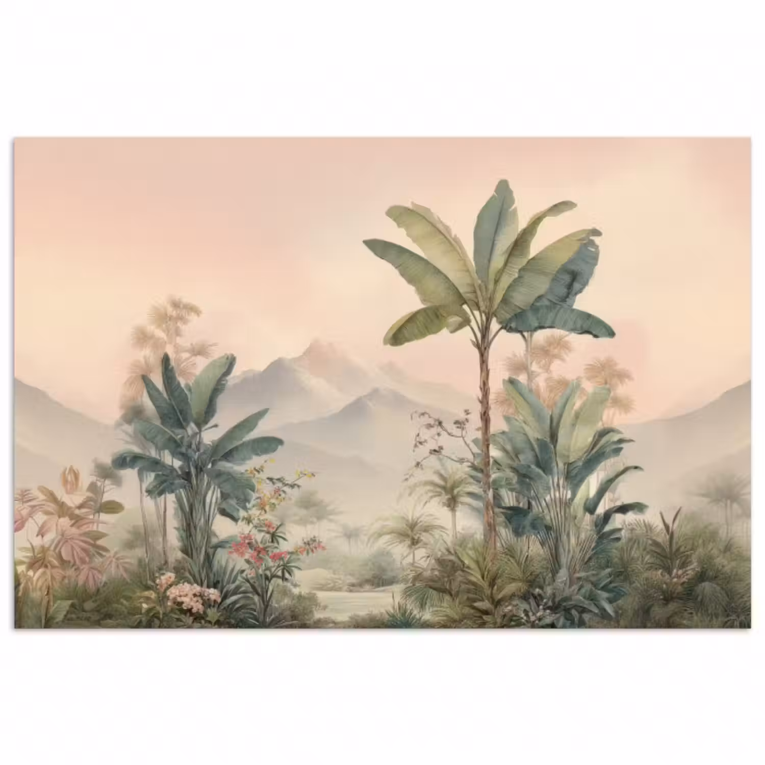 Poster - Tropische Landschaft - Palmen - Blumen - Rosa Himmel