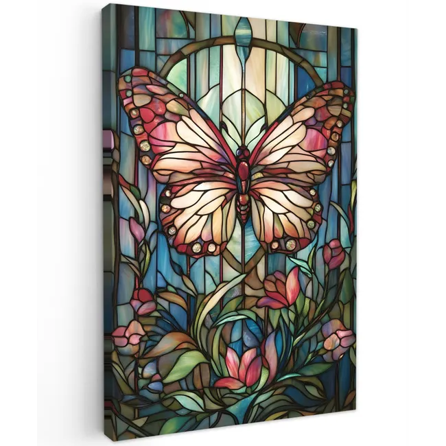 Vlinder - Roze - Bloemen - Bladeren Tuinposter op houten frame 2 cm dik klein -3d