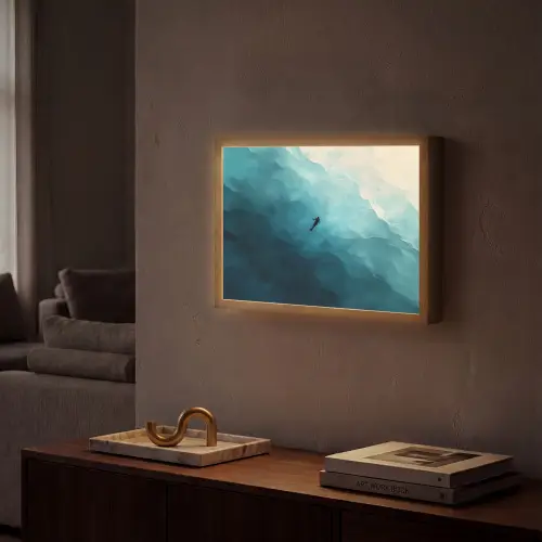 Zee - Silhouet - Abstract - Blauw Light Box met batterij (Wandlamp) middel -sfeer1