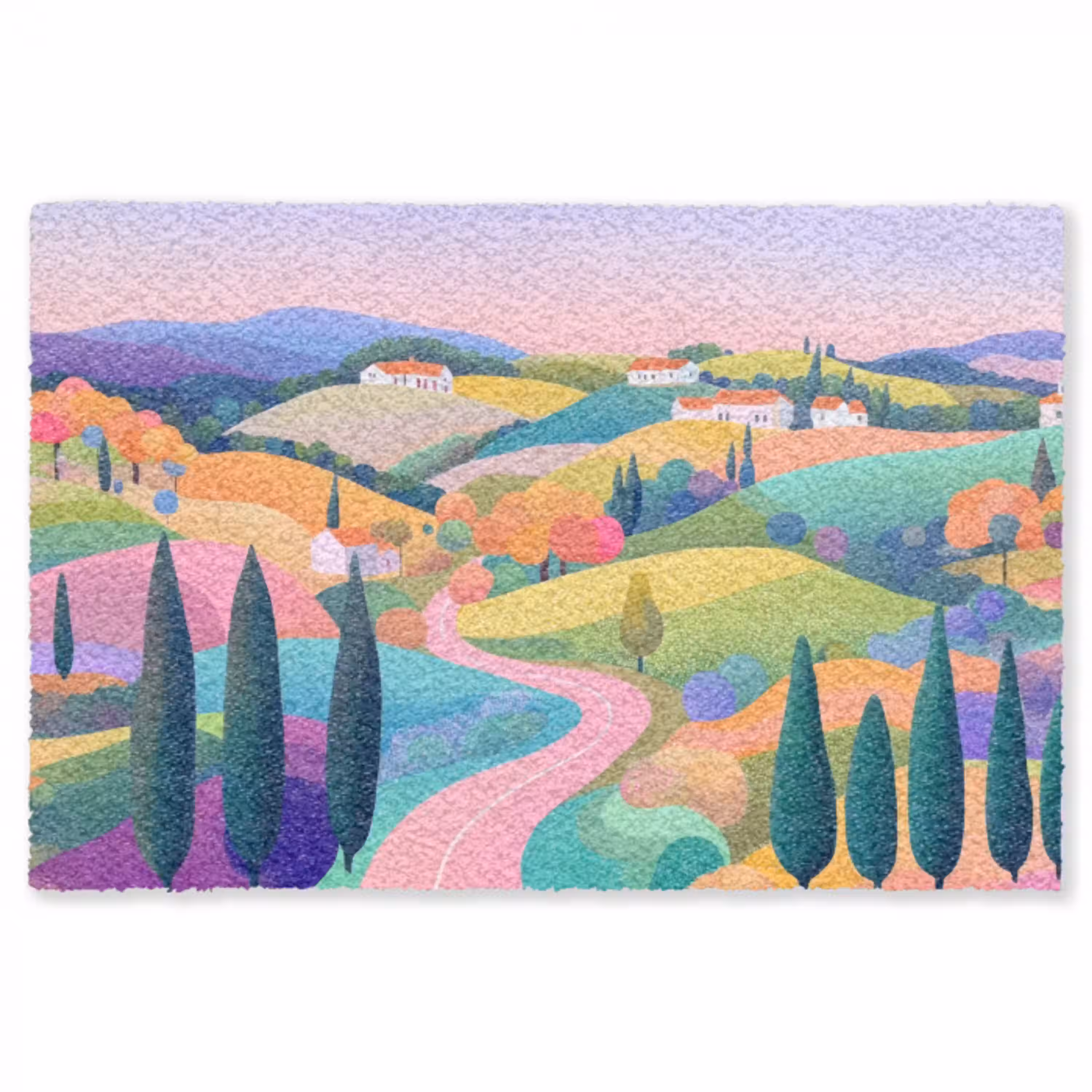 Landschap - Paars - Pastel - Huizen Vloerkleed Rechthoek klein -3d
