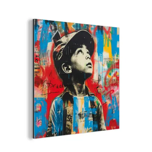 Graffiti - Vintage - Jongen - Street art - Neon - Banksy aluminium wit klein -3d