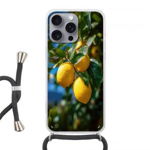 Citroenen - Bladeren - Blauwe lucht Hoesje iPhone 16 Pro Max met koord klein -3d