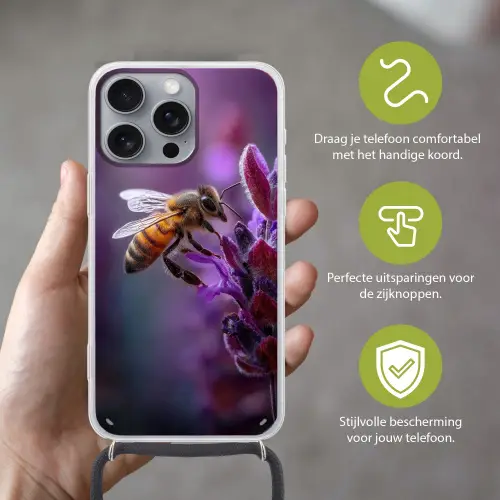 Honingbij - Paarse bloemen - Details Hoesje iPhone 16 Pro Max met koord klein -sfeer2_NL