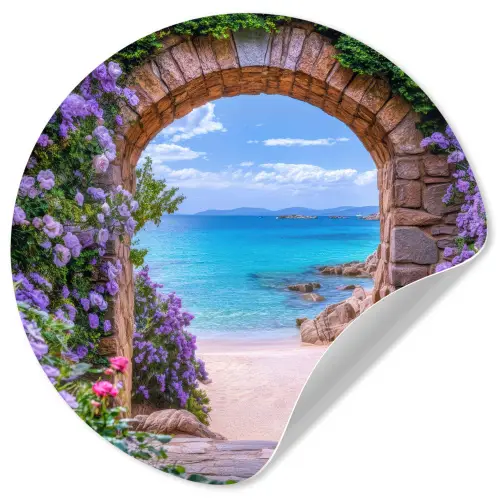 Doorkijk - Poort - Zee - Strand - Rotsen Wandcirkel behangsticker klein -3d