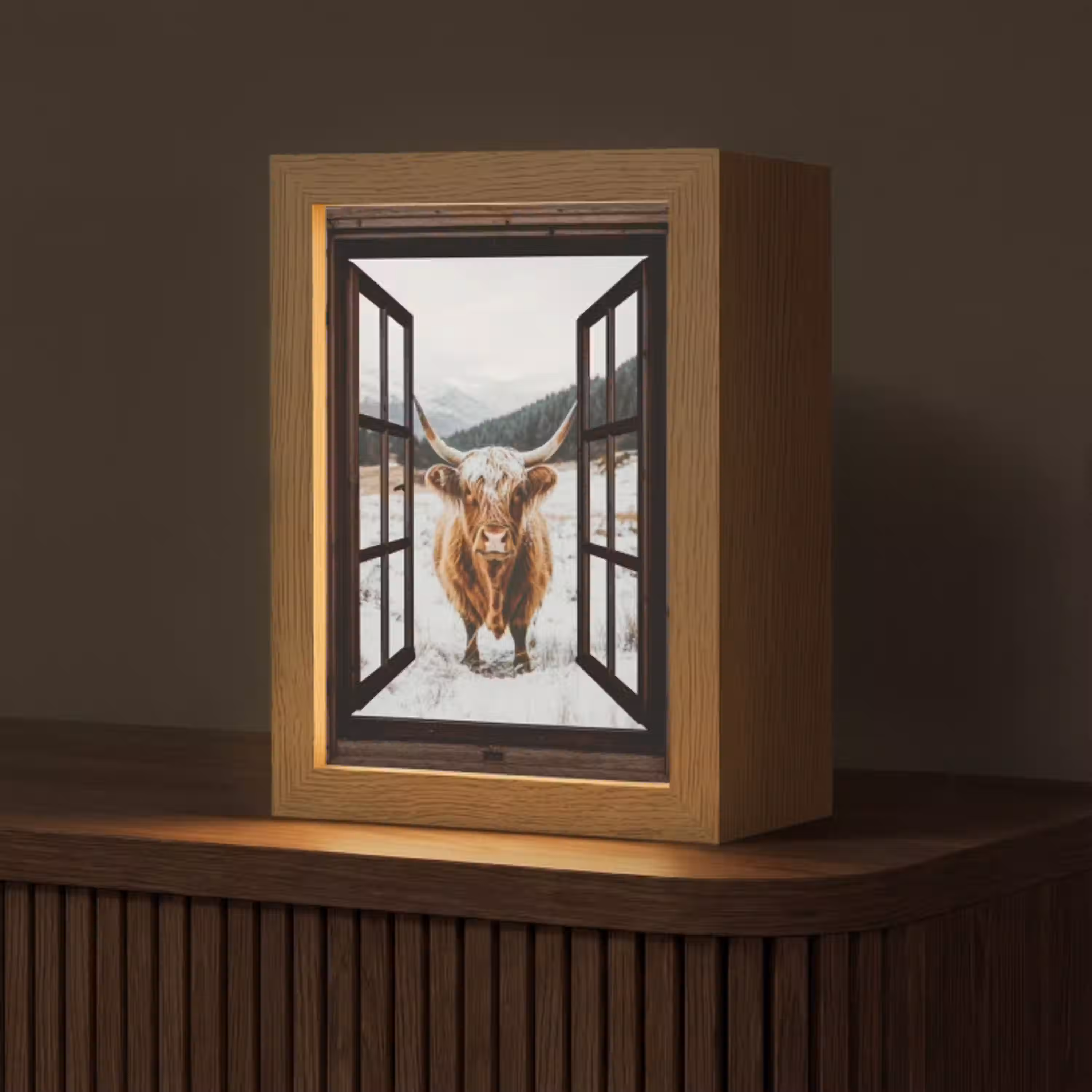 Schotse Hooglander - Landschap - Landelijk - Bergen - Winter - Doorkijk - Donker Light Box met kabel (Tafellamp) klein -z3d_website