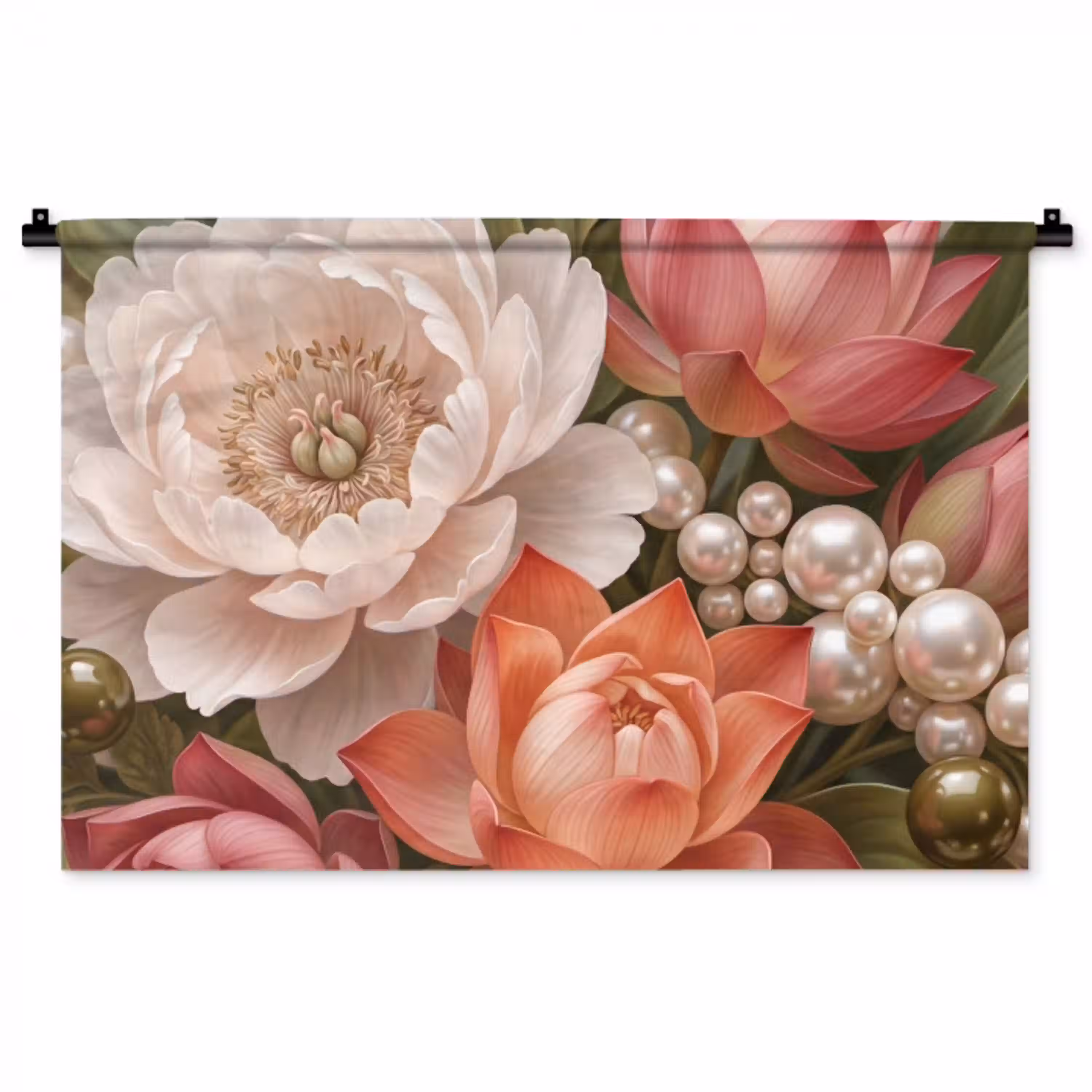 Bloemen - Parels - Elegant - Roze - Wit Wandkleed katoen middel -zz3d